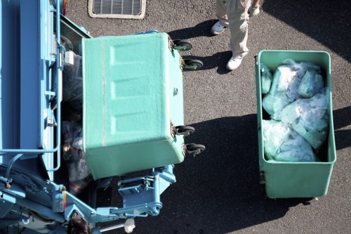 Recycling containers and community charity pickup in urban office area